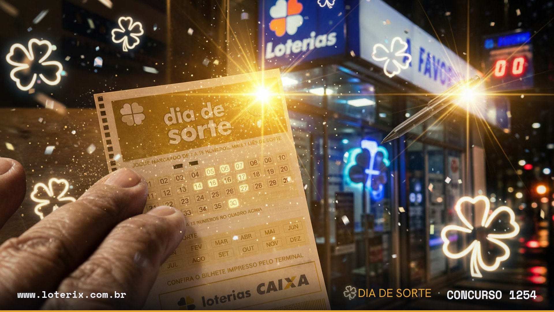 Dezenas sorteadas da Dia de Sorte 1254: 02, 13, 15, 16, 20, 23, 28