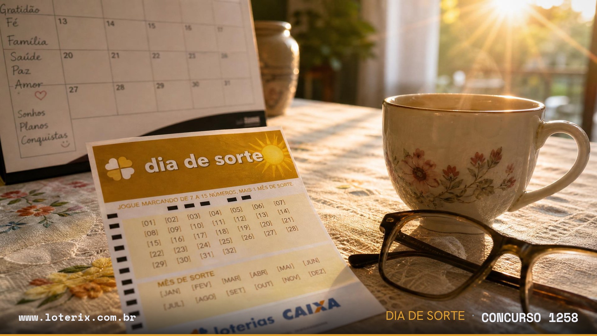 Resultado da Dia de Sorte 1258: sorteio 29/07/2026, prêmio estimado R$ 300 mil. Confira as dezenas ao vivo no Loterix.