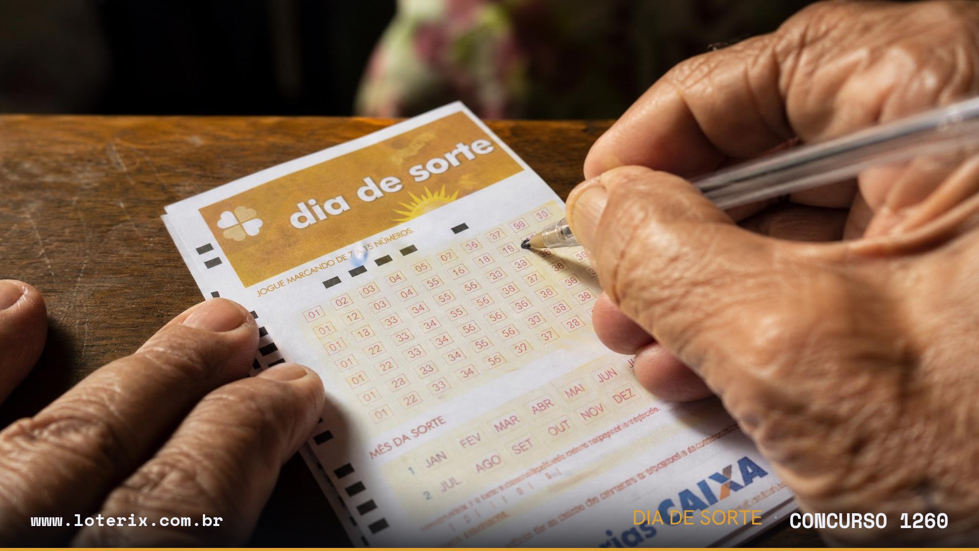 Resultado da Dia de Sorte 1260: sorteio 31/07/2026, prêmio estimado R$ 600 mil. Confira as dezenas ao vivo no Loterix.
