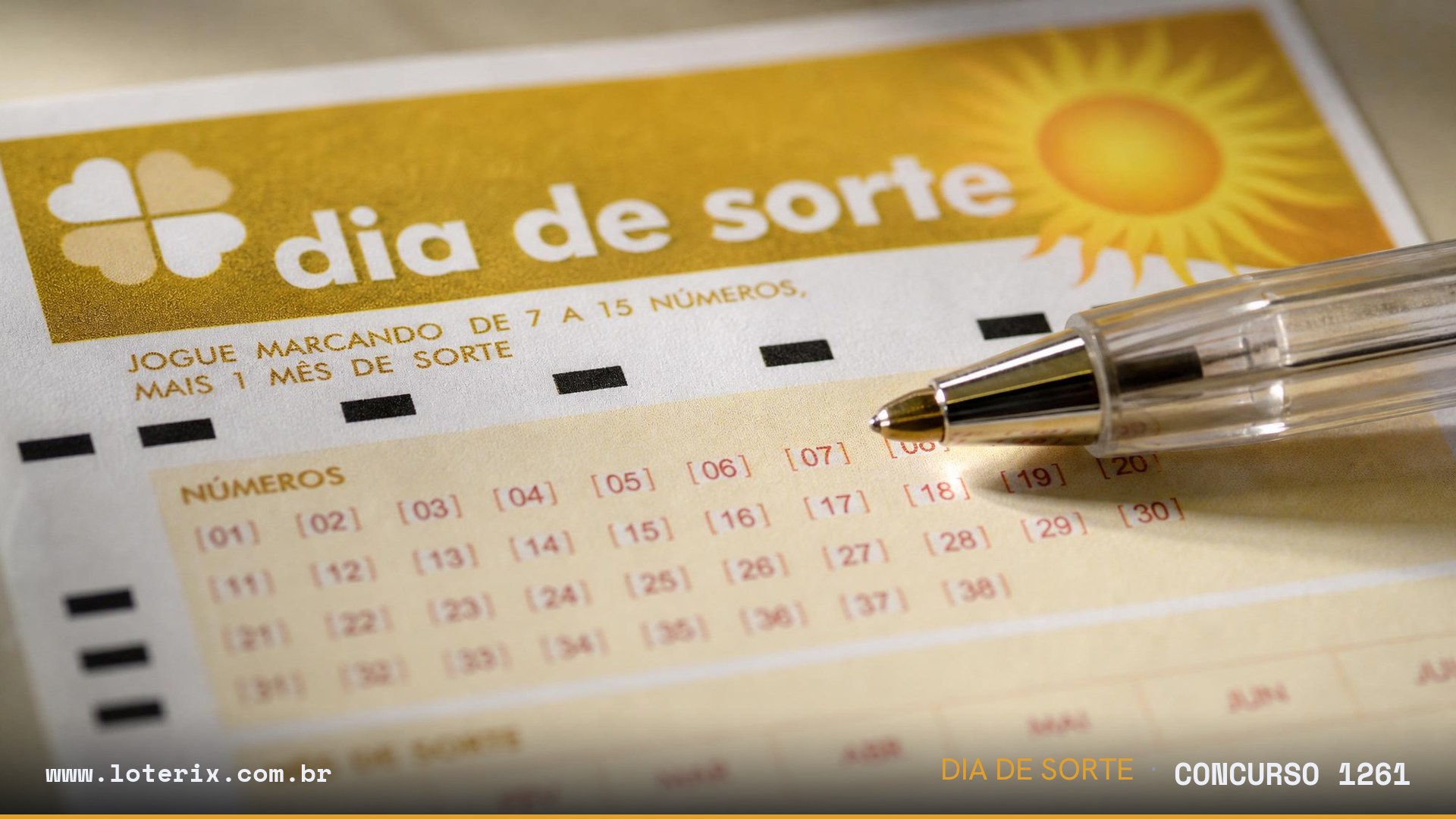 Dezenas sorteadas da Dia de Sorte 1261: 01, 08, 14, 19, 24, 27, 28