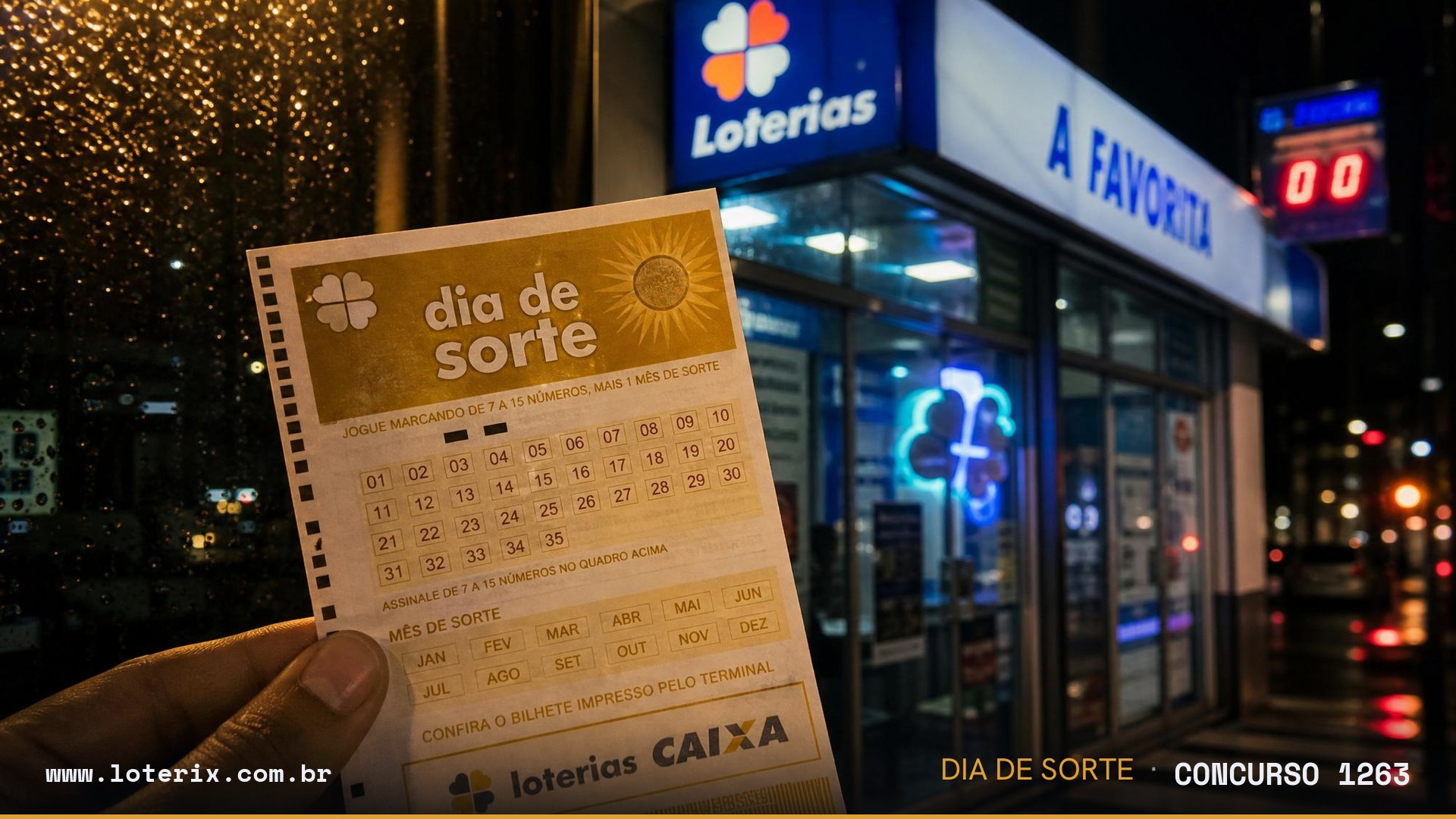 Dezenas sorteadas da Dia de Sorte 1263: 03, 04, 07, 08, 09, 14, 17