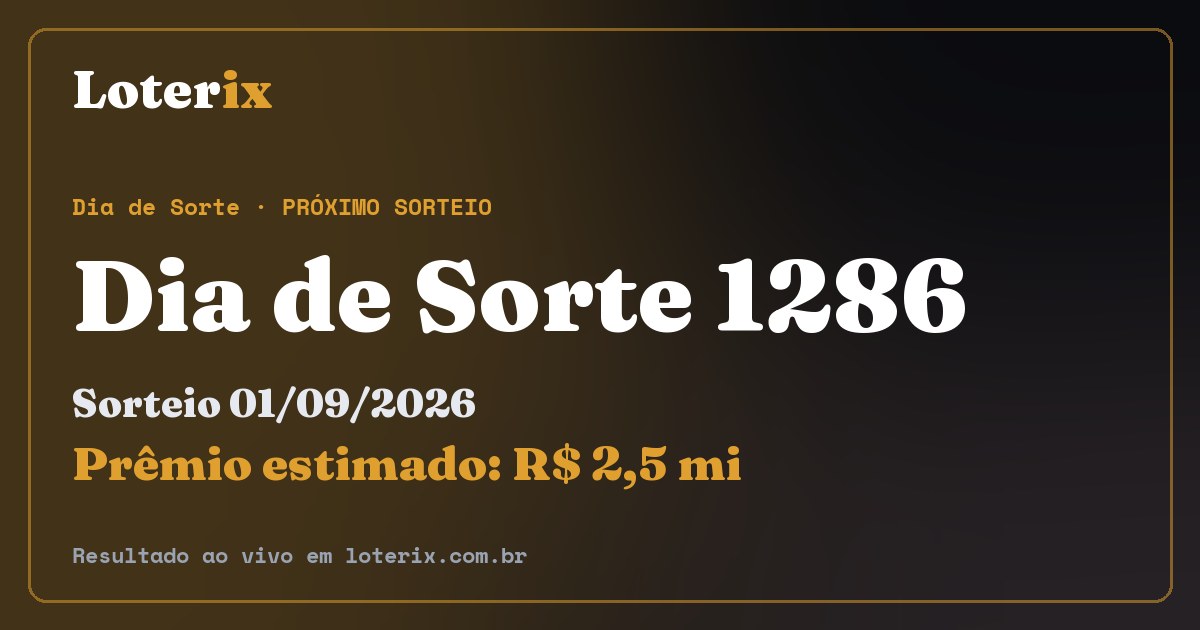 Resultado da Dia de Sorte 1286: sorteio 01/09/2026, prêmio estimado R$ 2,5 mi. Confira as dezenas ao vivo no Loterix.