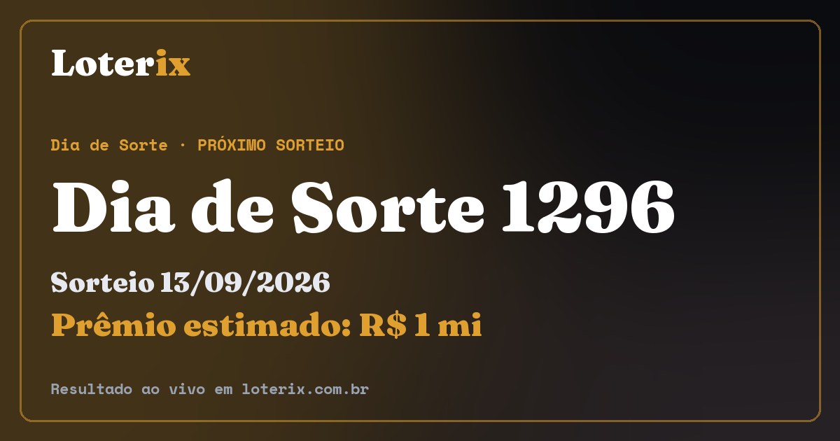 Resultado da Dia de Sorte 1296: sorteio 13/09/2026, prêmio estimado R$ 1 mi. Confira as dezenas ao vivo no Loterix.