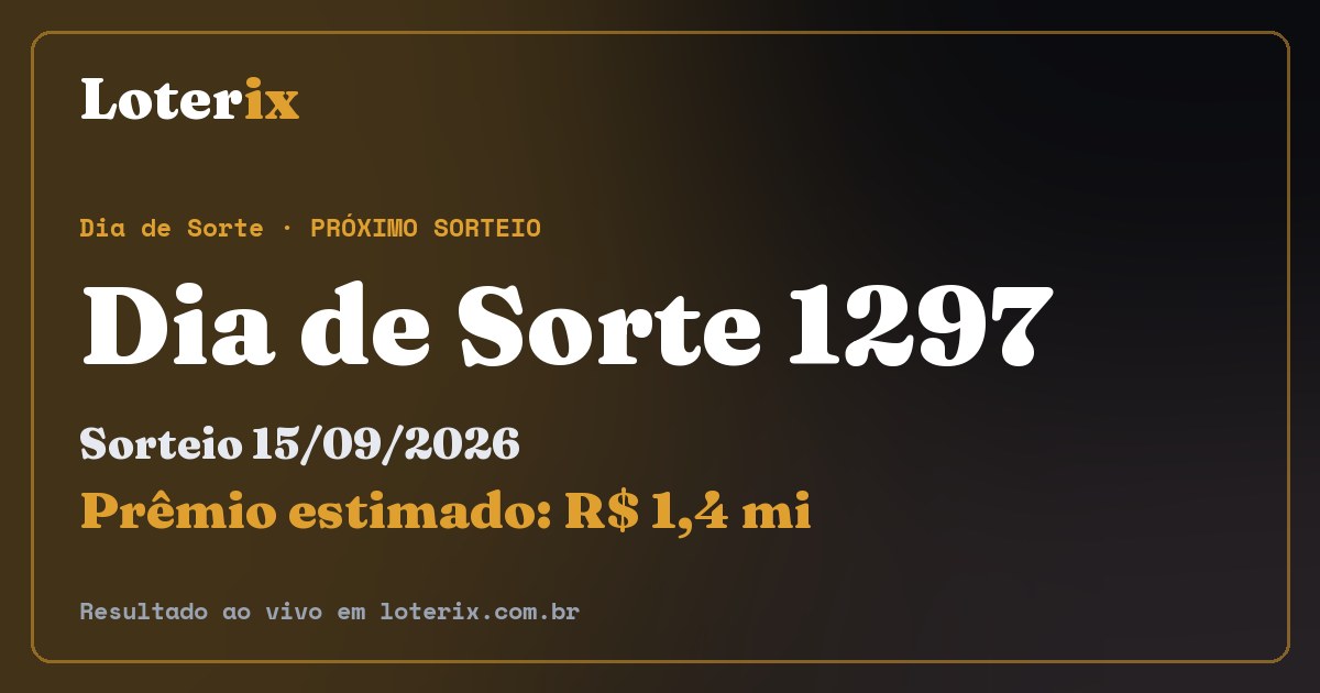 Resultado da Dia de Sorte 1297: sorteio 15/09/2026, prêmio estimado R$ 1,4 mi. Confira as dezenas ao vivo no Loterix.