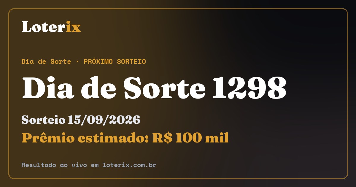 Resultado da Dia de Sorte 1298: sorteio 15/09/2026, prêmio estimado R$ 100 mil. Confira as dezenas ao vivo no Loterix.