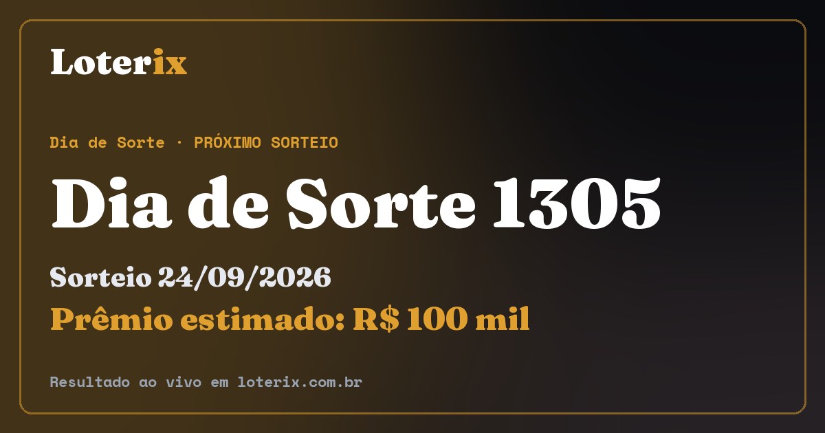 Resultado da Dia de Sorte 1305: sorteio 24/09/2026, prêmio estimado R$ 100 mil. Confira as dezenas ao vivo no Loterix.