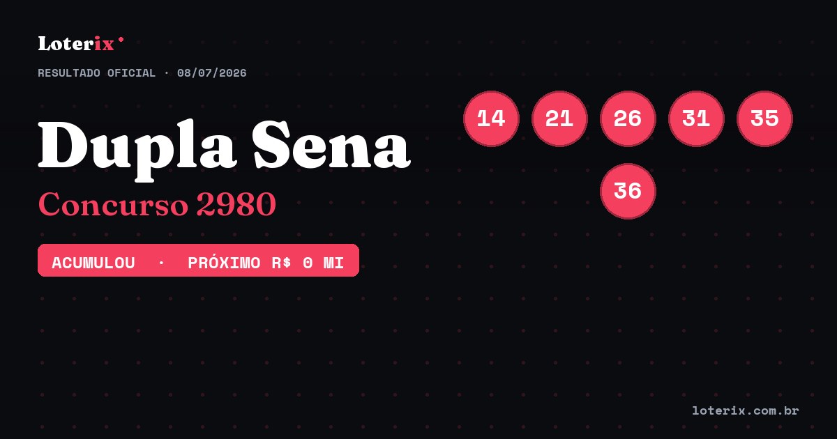 Dezenas sorteadas da Dupla Sena 2980: 14, 21, 26, 31, 35, 36