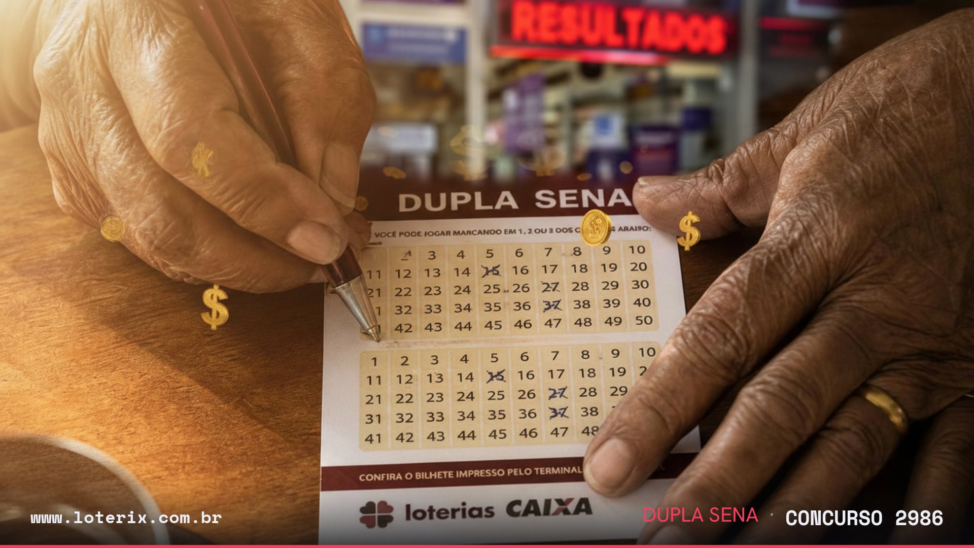 Dezenas sorteadas da Dupla Sena 2986: 04, 14, 21, 34, 38, 45