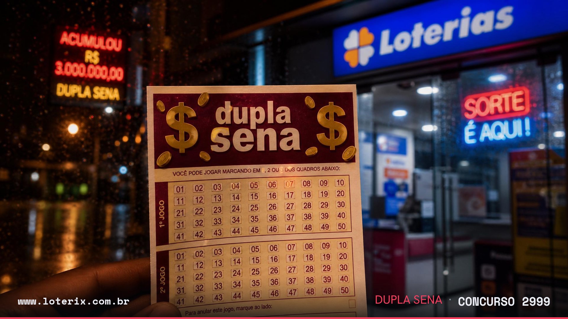 Dezenas sorteadas da Dupla Sena 2999: 01, 10, 12, 37, 39, 44