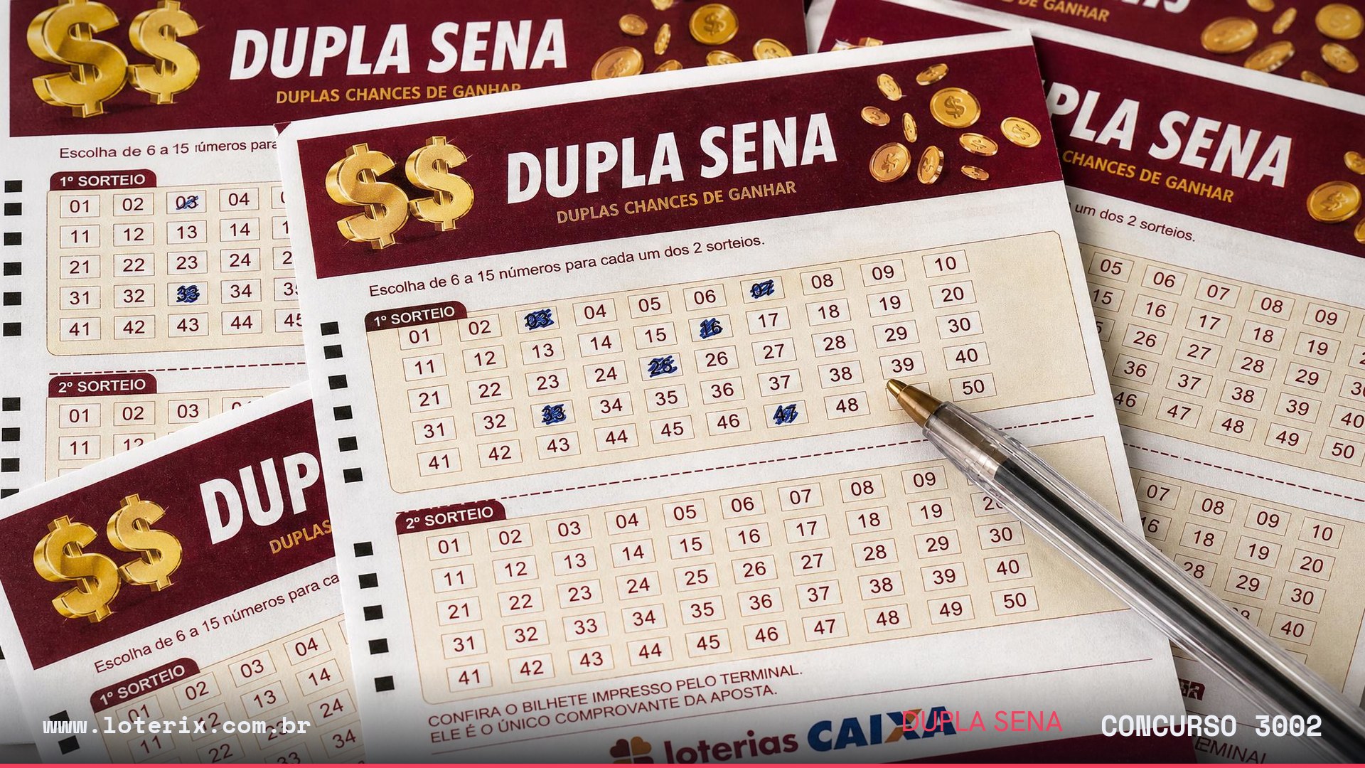 Dezenas sorteadas da Dupla Sena 3002: 06, 19, 22, 27, 41, 46