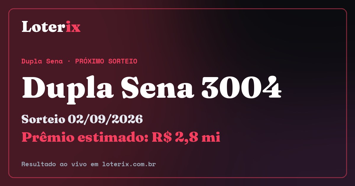 Resultado da Dupla Sena 3004: sorteio 02/09/2026, prêmio estimado R$ 2,8 mi. Confira as dezenas ao vivo no Loterix.