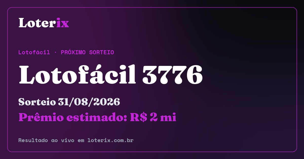 Resultado da Lotofácil 3776: sorteio 31/08/2026, prêmio estimado R$ 2 mi. Confira as dezenas ao vivo no Loterix.