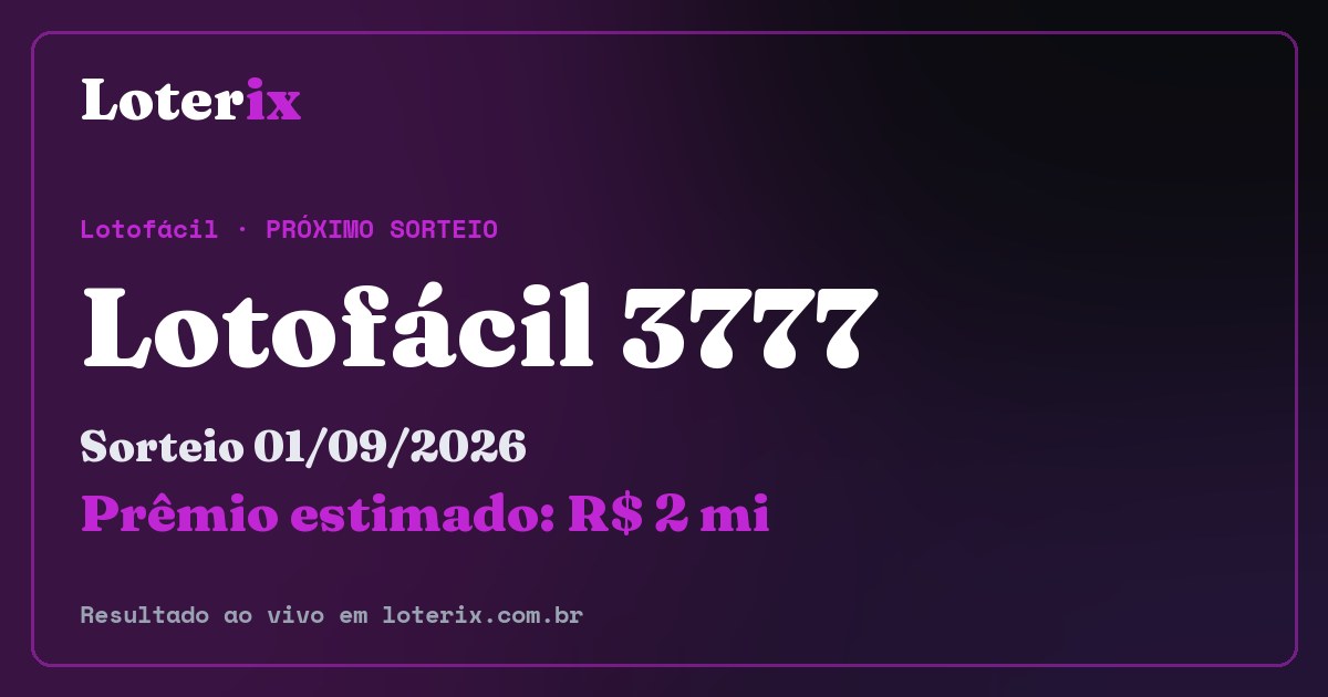 Resultado da Lotofácil 3777: sorteio 01/09/2026, prêmio estimado R$ 2 mi. Confira as dezenas ao vivo no Loterix.