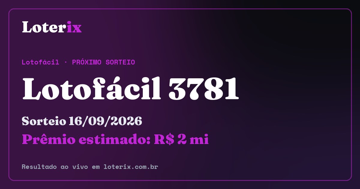 Resultado da Lotofácil 3781: sorteio 16/09/2026, prêmio estimado R$ 2 mi. Confira as dezenas ao vivo no Loterix.