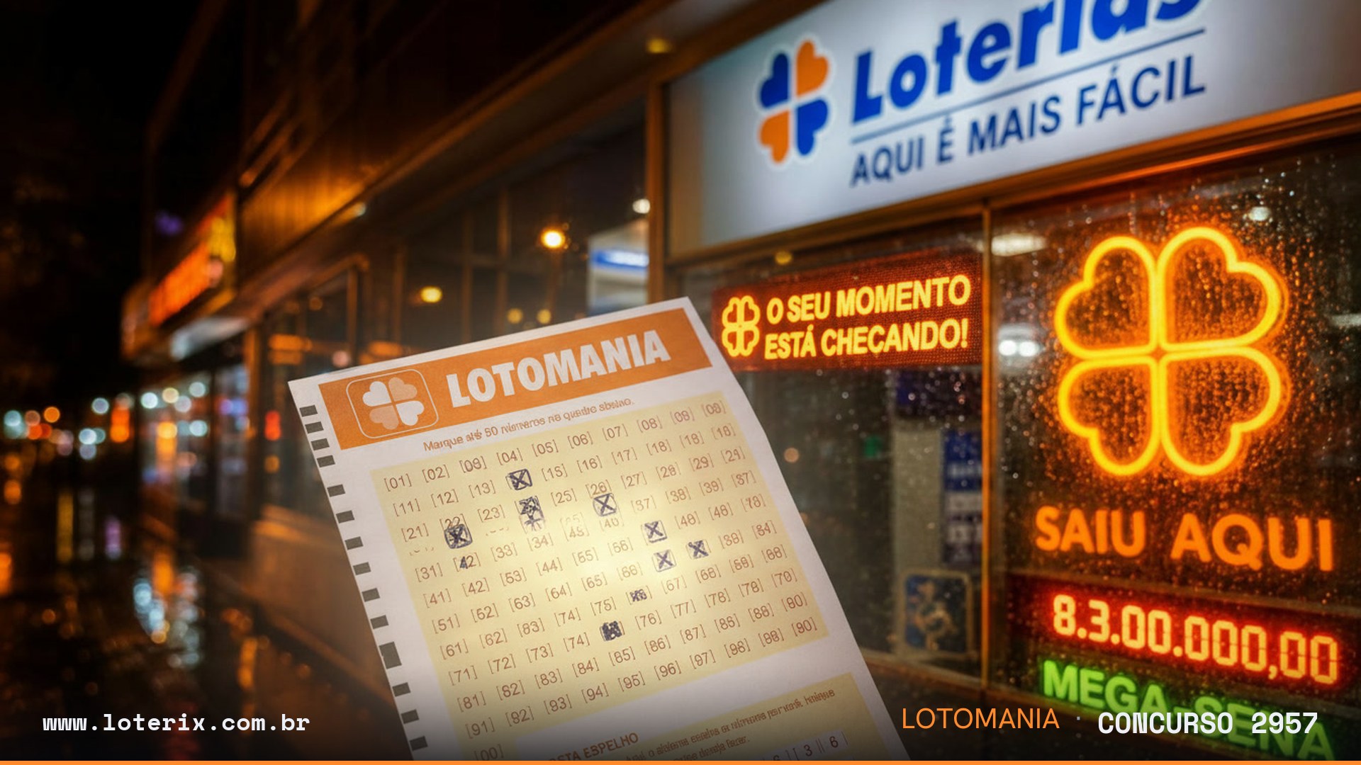 Resultado da Lotomania 2957: sorteio 31/07/2026, prêmio estimado R$ 5 mi. Confira as dezenas ao vivo no Loterix.