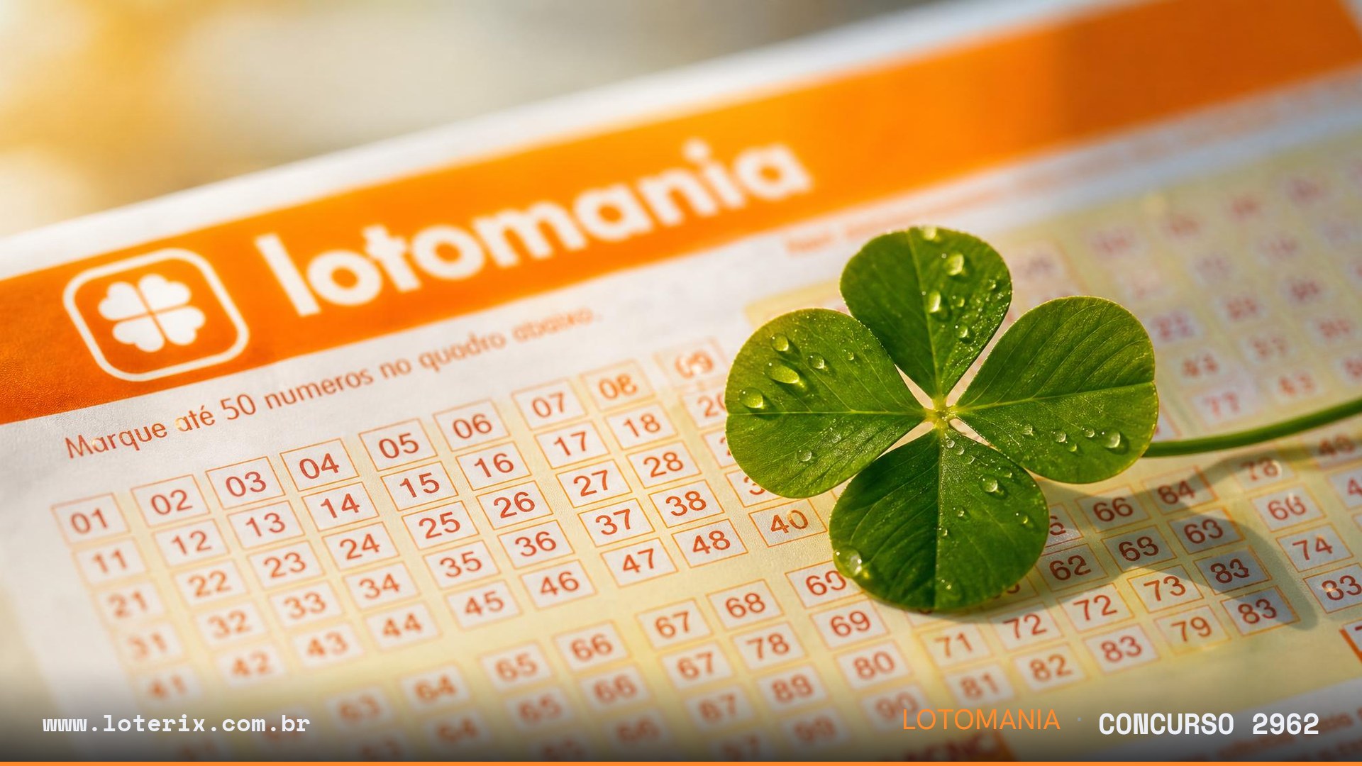 Dezenas sorteadas da Lotomania 2962: 13, 15, 21, 29, 34, 35, 36, 42, 47, 56, 60, 64, 74, 75, 86, 89, 91, 95, 96, 99