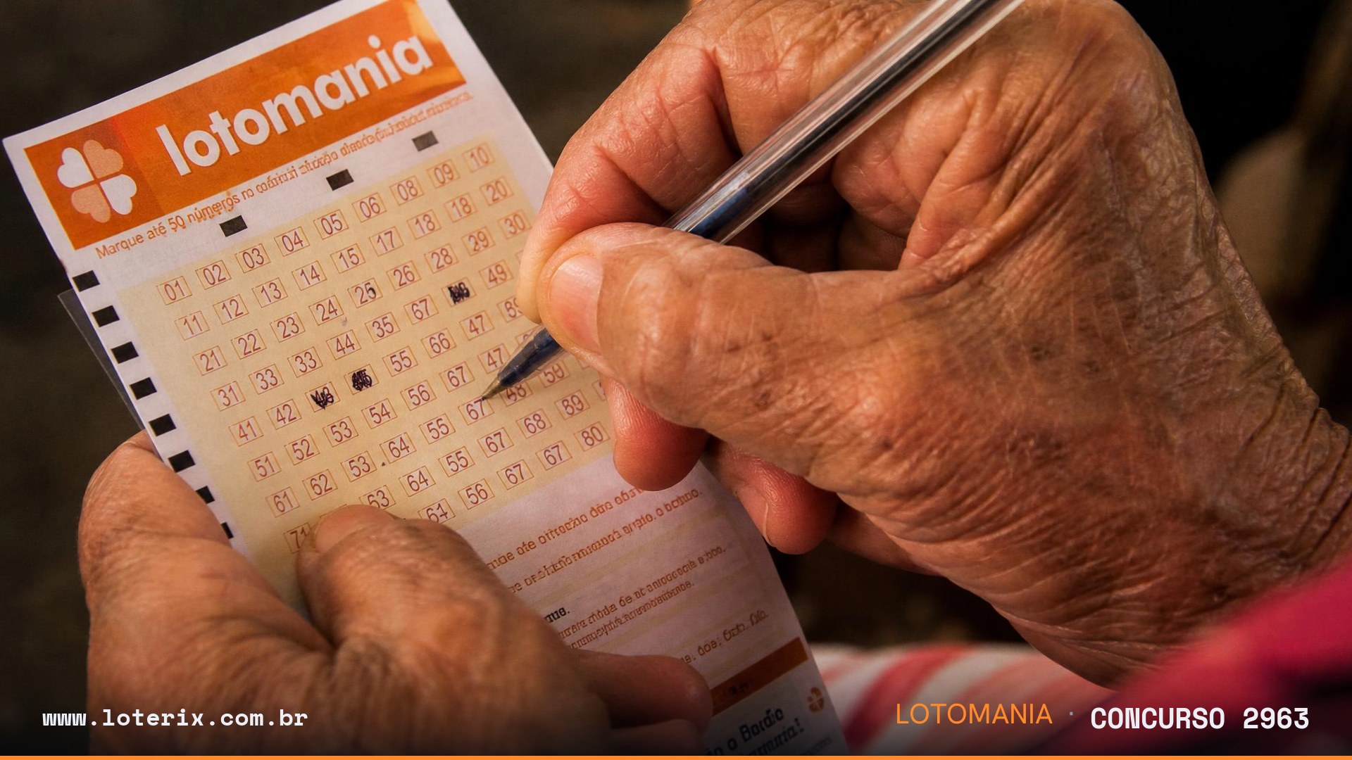 Dezenas sorteadas da Lotomania 2963: 00, 09, 11, 15, 16, 25, 31, 33, 35, 38, 39, 41, 42, 52, 63, 70, 74, 79, 83, 89