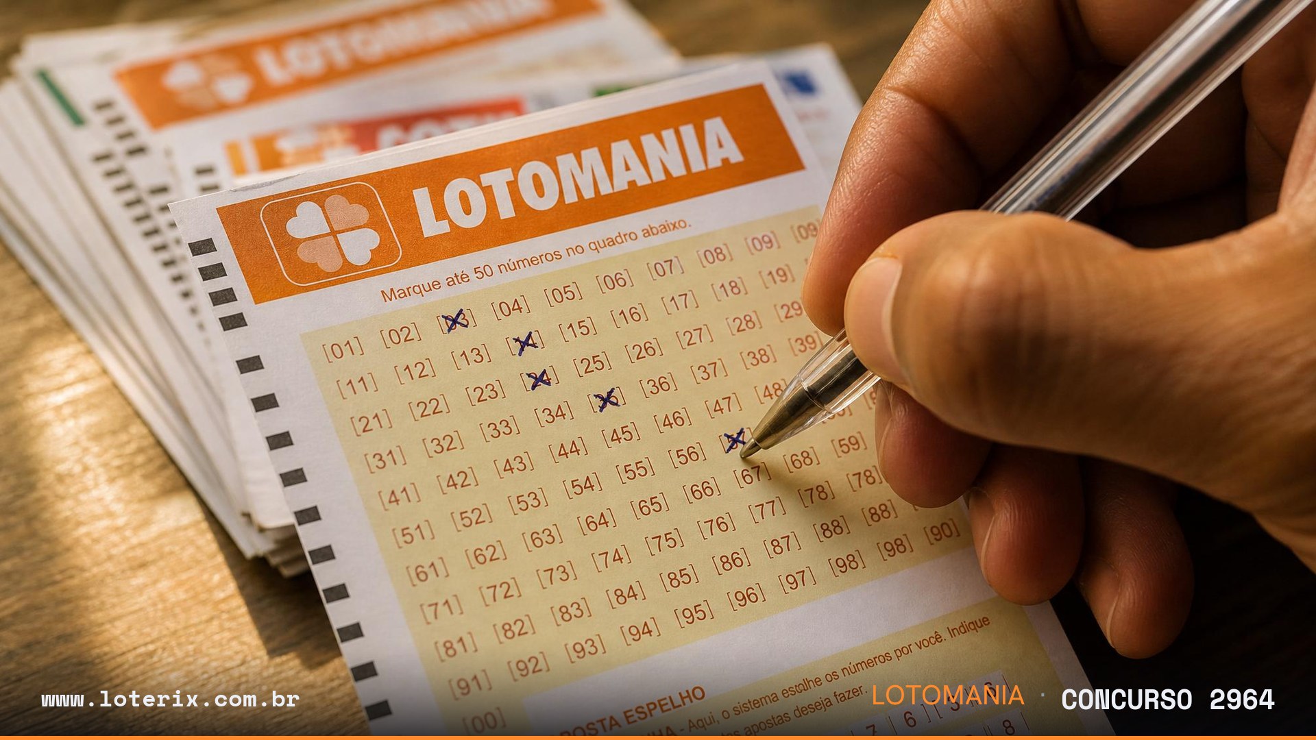 Dezenas sorteadas da Lotomania 2964: 07, 13, 14, 16, 25, 29, 33, 40, 41, 44, 56, 60, 61, 64, 67, 68, 73, 77, 83, 85