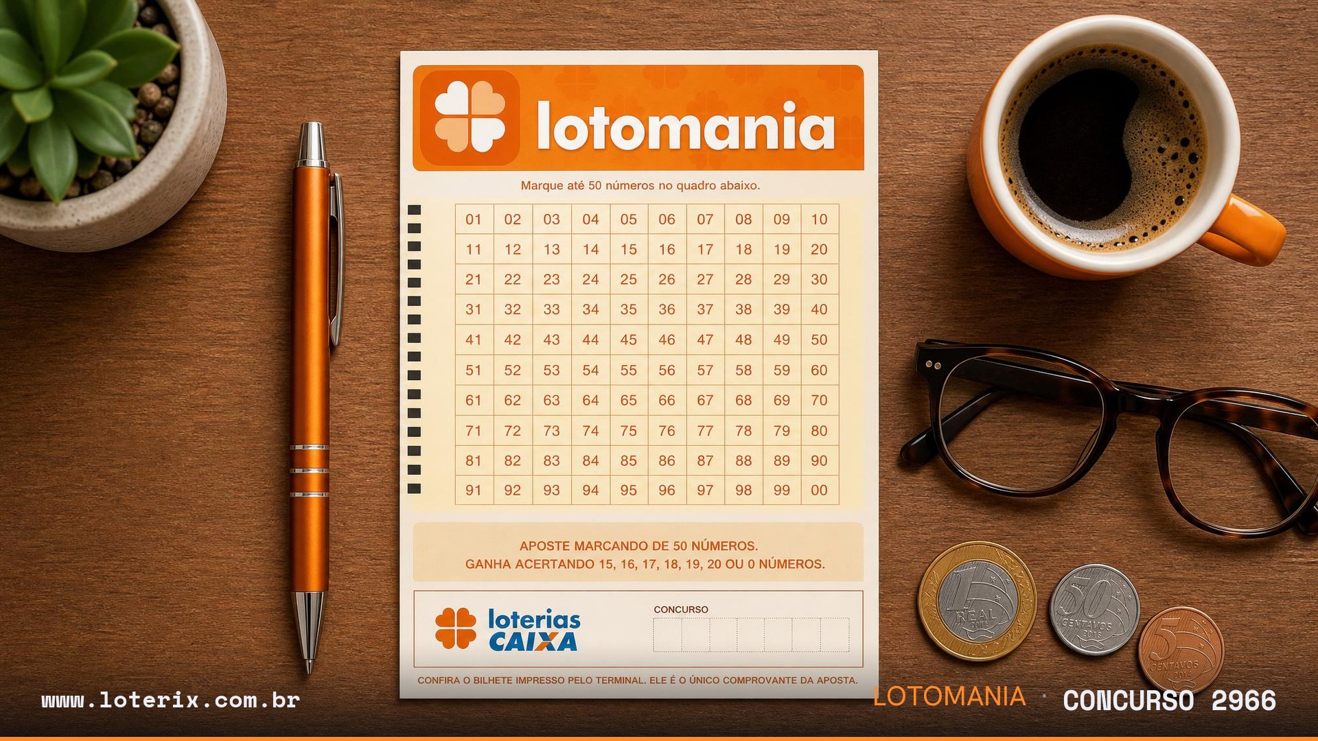 Dezenas sorteadas da Lotomania 2966: 14, 17, 20, 23, 26, 31, 34, 36, 38, 46, 53, 59, 60, 63, 71, 73, 77, 84, 95, 97