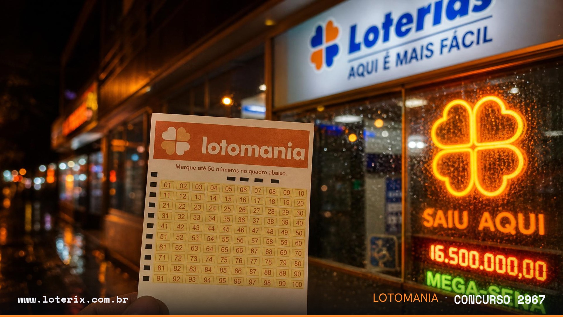 Dezenas sorteadas da Lotomania 2967: 04, 07, 10, 18, 27, 29, 38, 41, 44, 56, 57, 67, 75, 81, 85, 90, 91, 94, 96, 98