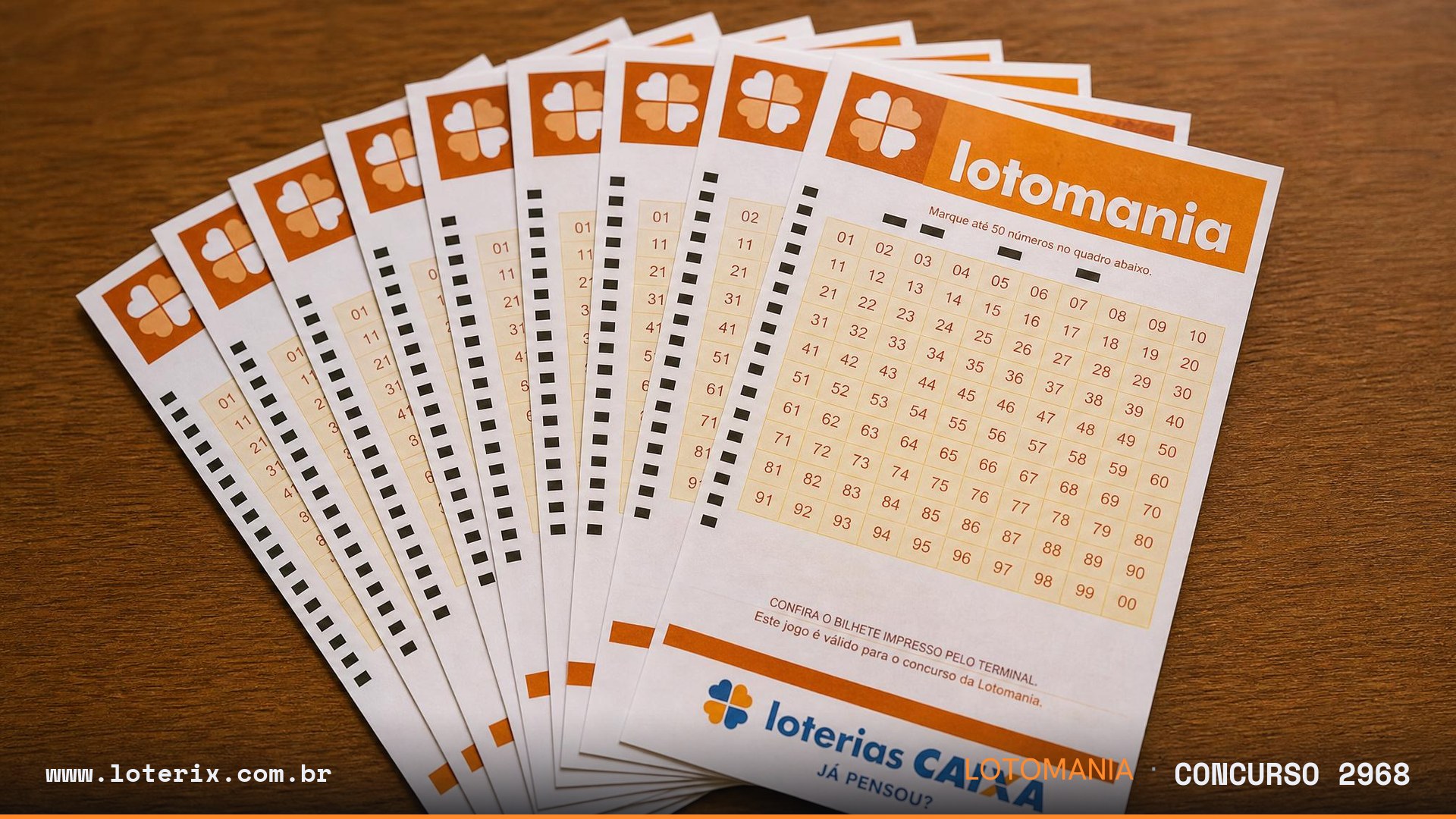 Dezenas sorteadas da Lotomania 2968: 00, 02, 05, 13, 16, 19, 30, 35, 38, 43, 44, 48, 56, 60, 63, 65, 74, 76, 92, 95