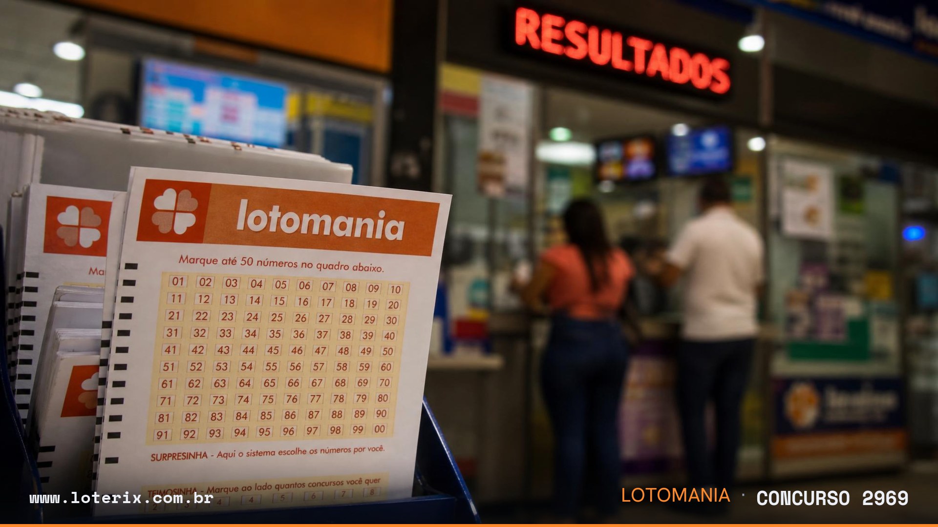 Dezenas sorteadas da Lotomania 2969: 00, 13, 15, 21, 25, 38, 40, 47, 55, 56, 57, 58, 62, 68, 70, 75, 84, 86, 90, 99