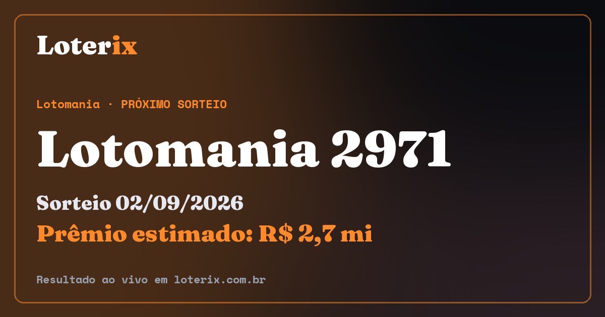 Resultado da Lotomania 2971: sorteio 02/09/2026, prêmio estimado R$ 2,7 mi. Confira as dezenas ao vivo no Loterix.