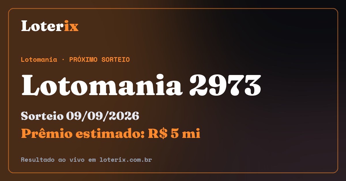 Resultado da Lotomania 2973: sorteio 09/09/2026, prêmio estimado R$ 5 mi. Confira as dezenas ao vivo no Loterix.