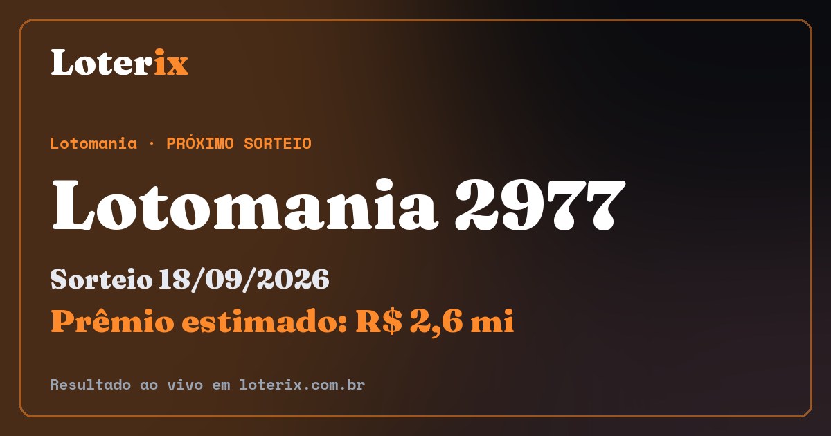 Resultado da Lotomania 2977: sorteio 18/09/2026, prêmio estimado R$ 2,6 mi. Confira as dezenas ao vivo no Loterix.