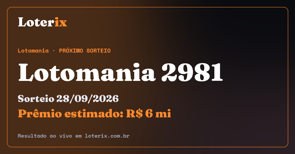 Resultado da Lotomania 2981: sorteio 28/09/2026, prêmio estimado R$ 6 mi. Confira as dezenas ao vivo no Loterix.