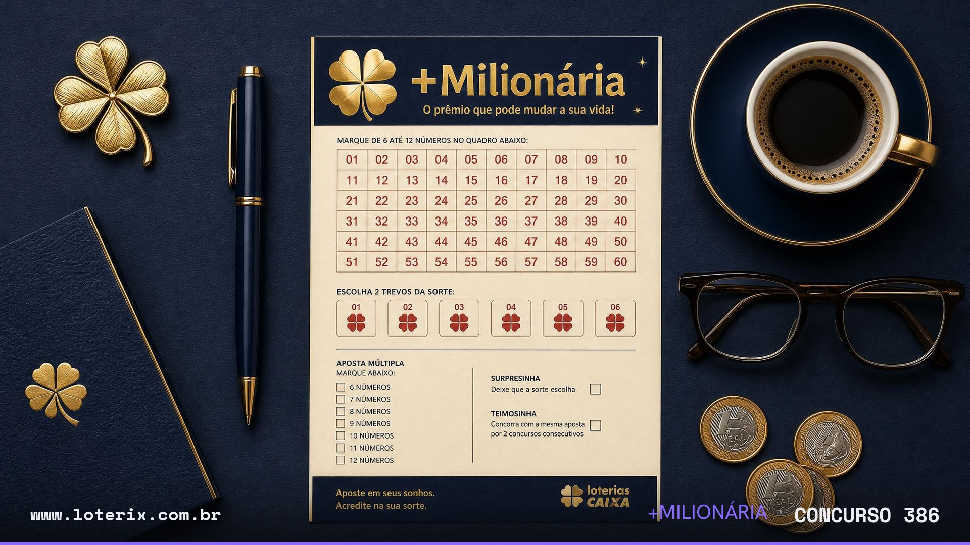 Resultado da +Milionária 386: sorteio 02/09/2026, prêmio estimado R$ 90 mi. Confira as dezenas ao vivo no Loterix.