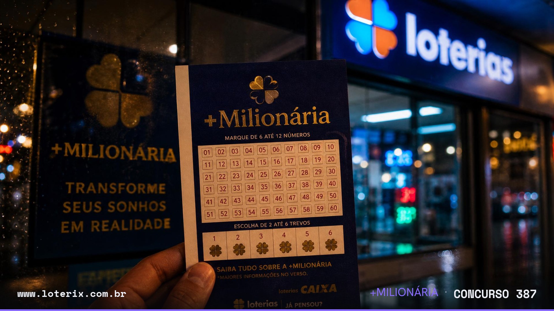 Resultado da +Milionária 387: sorteio 06/09/2026, prêmio estimado R$ 91 mi. Confira as dezenas ao vivo no Loterix.