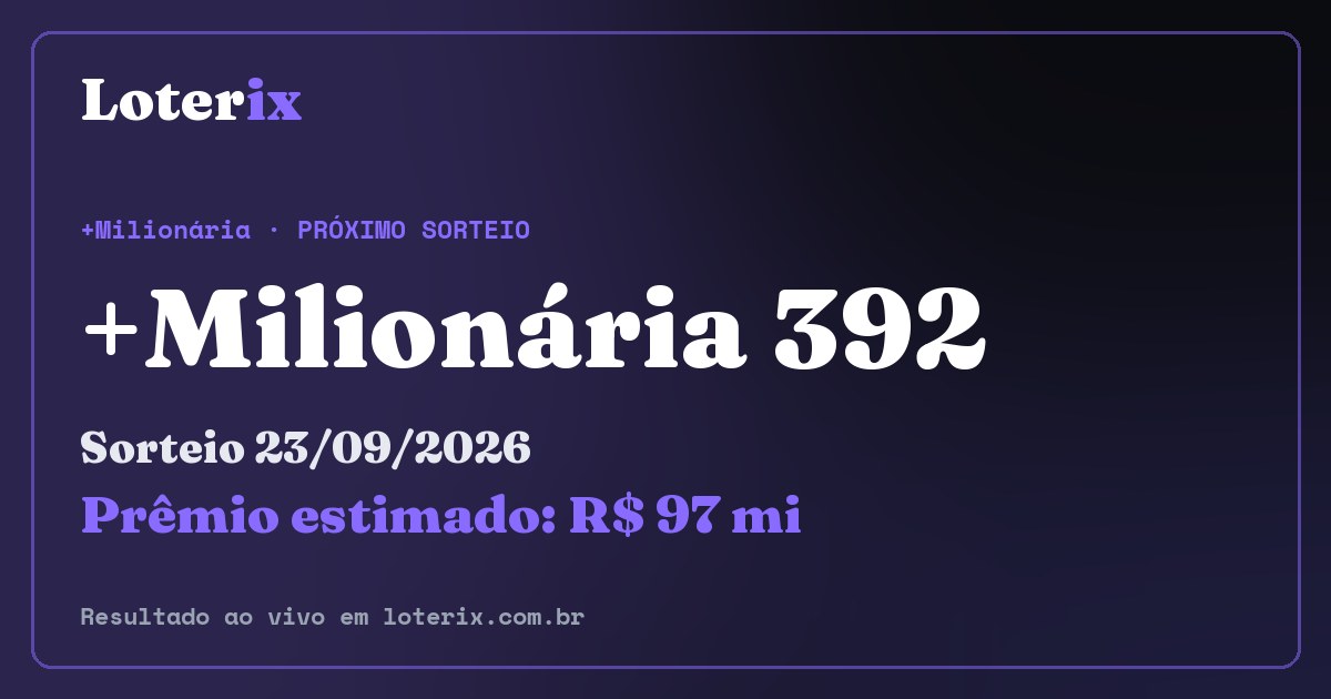 Resultado da +Milionária 392: sorteio 23/09/2026, prêmio estimado R$ 97 mi. Confira as dezenas ao vivo no Loterix.