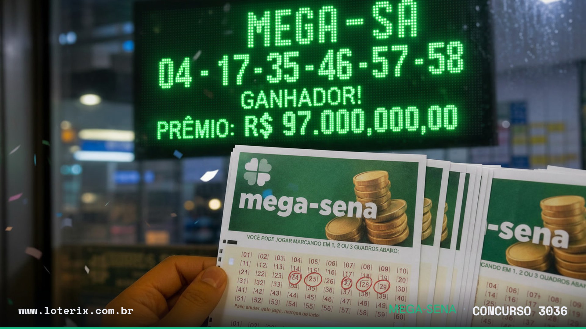 Resultado da Mega-Sena 3036: sorteio 25/07/2026, prêmio estimado R$ 70 mi. Confira as dezenas ao vivo no Loterix.