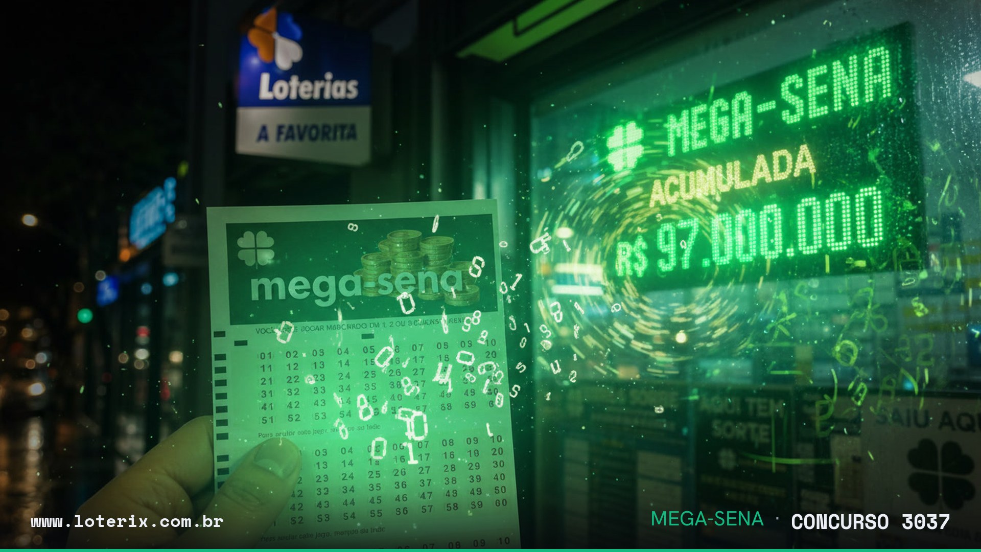 Resultado da Mega-Sena 3037: sorteio 28/07/2026, prêmio estimado R$ 78 mi. Confira as dezenas ao vivo no Loterix.