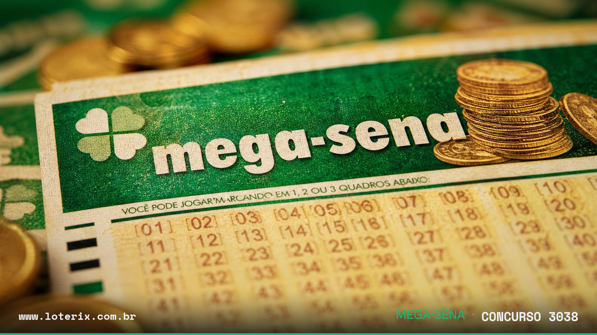 Resultado da Mega-Sena 3038: sorteio 30/07/2026, prêmio estimado R$ 86 mi. Confira as dezenas ao vivo no Loterix.