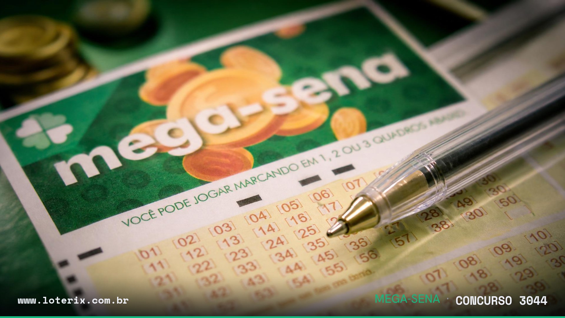 Dezenas sorteadas da Mega-Sena 3044: 04, 15, 17, 40, 55, 58