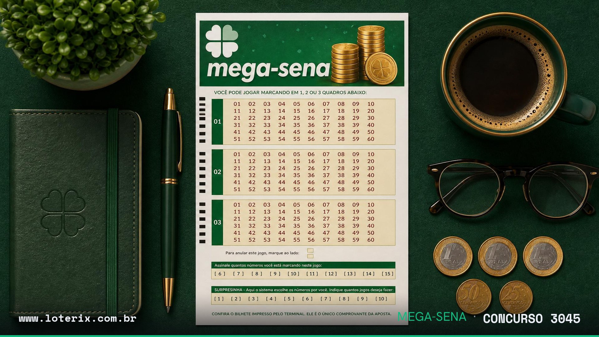 Dezenas sorteadas da Mega-Sena 3045: 23, 29, 33, 42, 43, 57
