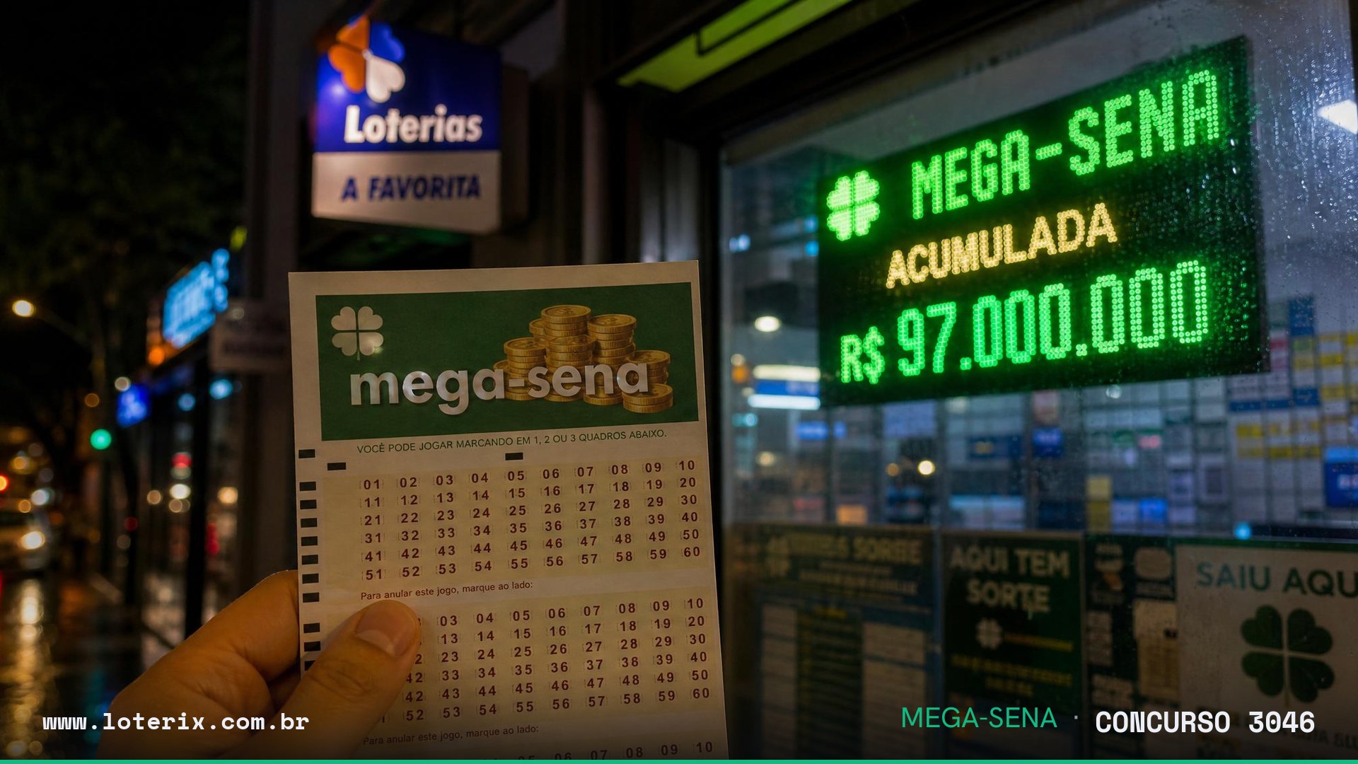 Dezenas sorteadas da Mega-Sena 3046: 16, 23, 24, 33, 36, 52