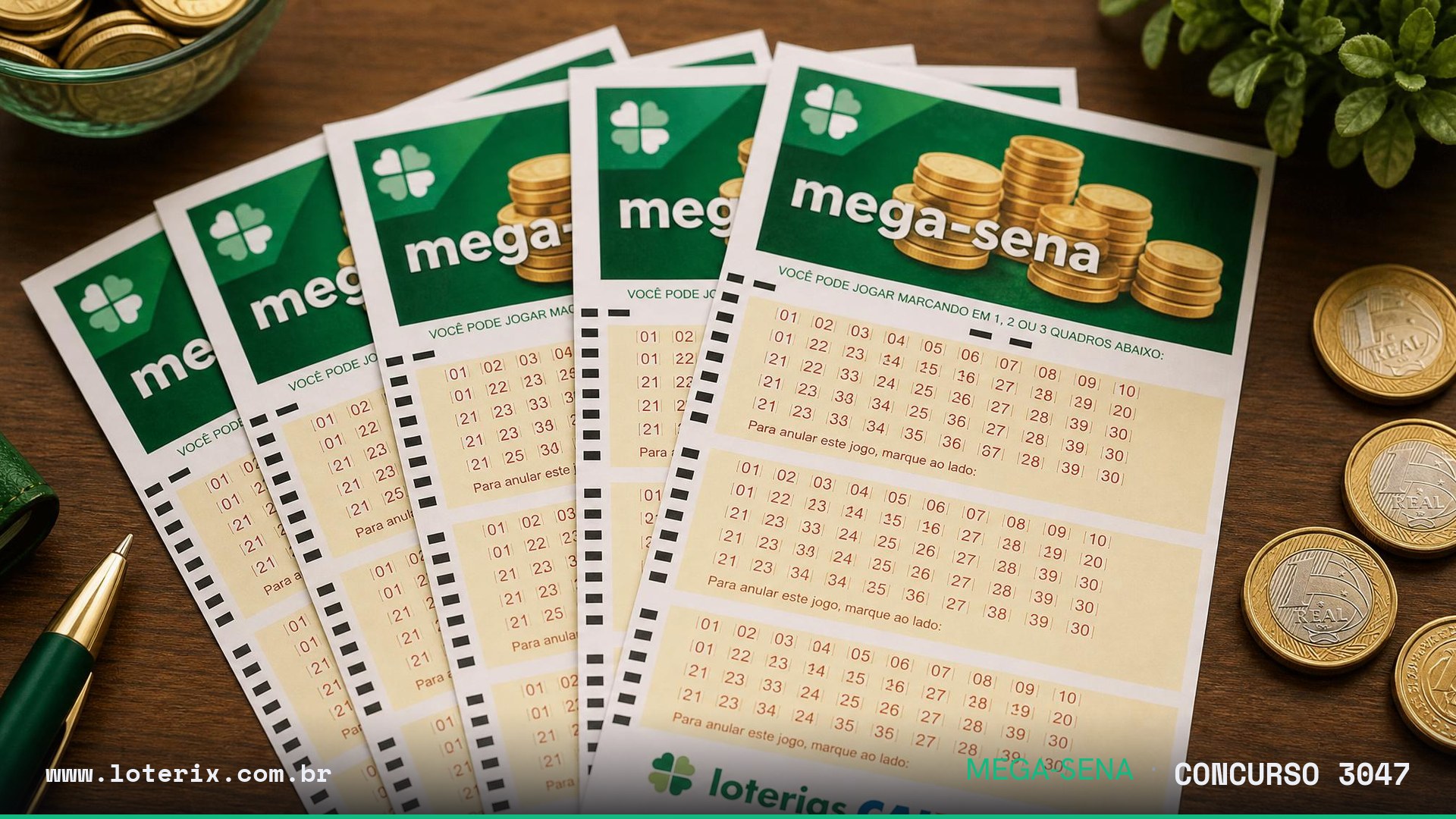 Dezenas sorteadas da Mega-Sena 3047: 04, 18, 22, 26, 31, 58