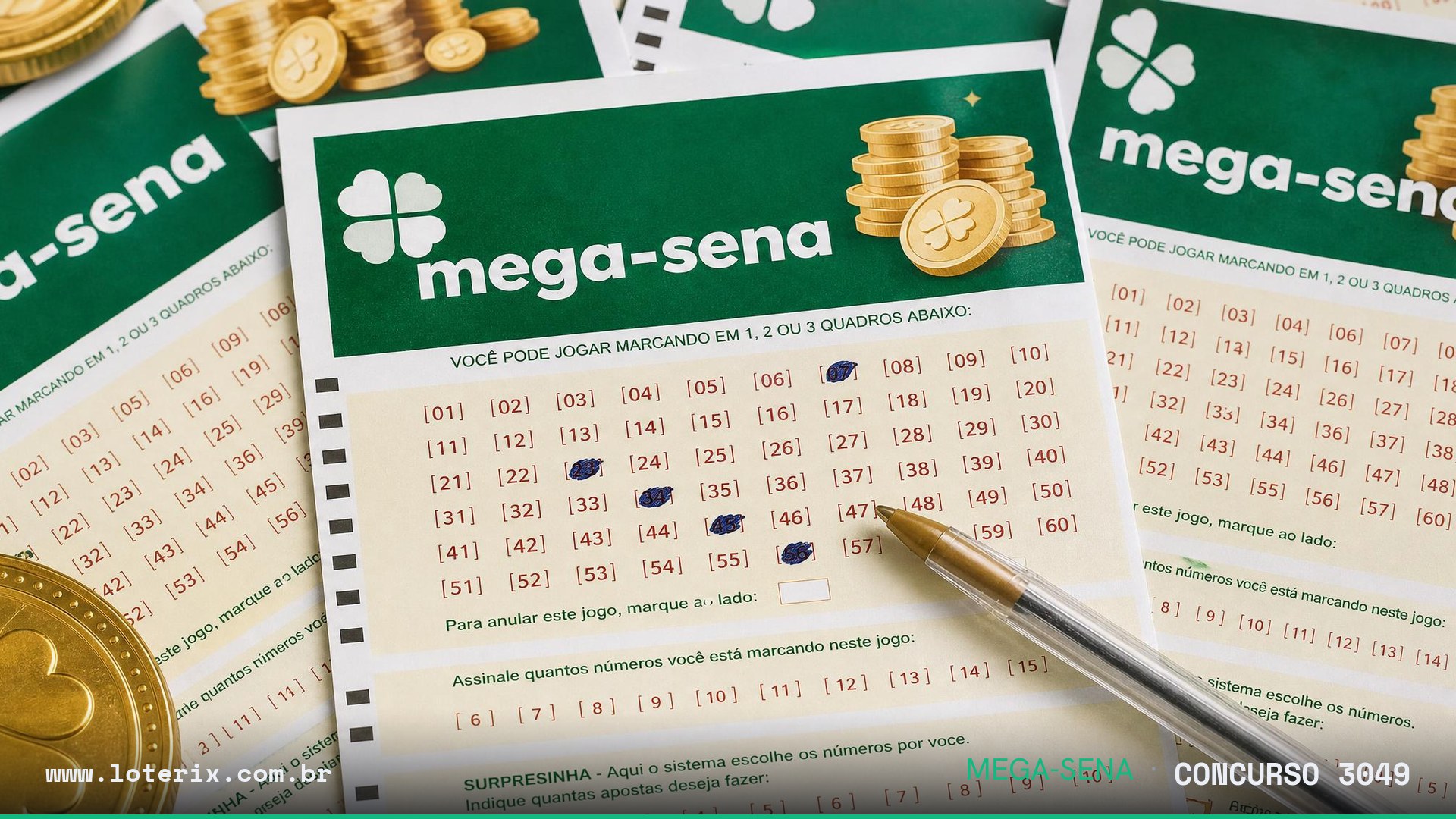 Dezenas sorteadas da Mega-Sena 3049: 06, 13, 36, 43, 53, 55