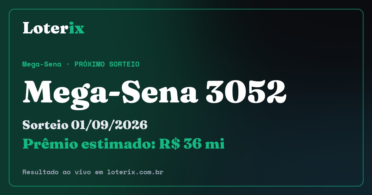 Resultado da Mega-Sena 3052: sorteio 01/09/2026, prêmio estimado R$ 36 mi. Confira as dezenas ao vivo no Loterix.
