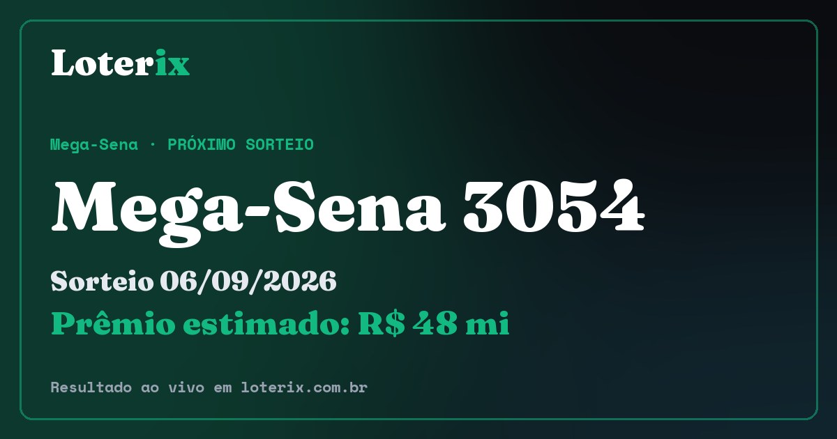 Resultado da Mega-Sena 3054: sorteio 06/09/2026, prêmio estimado R$ 48 mi. Confira as dezenas ao vivo no Loterix.