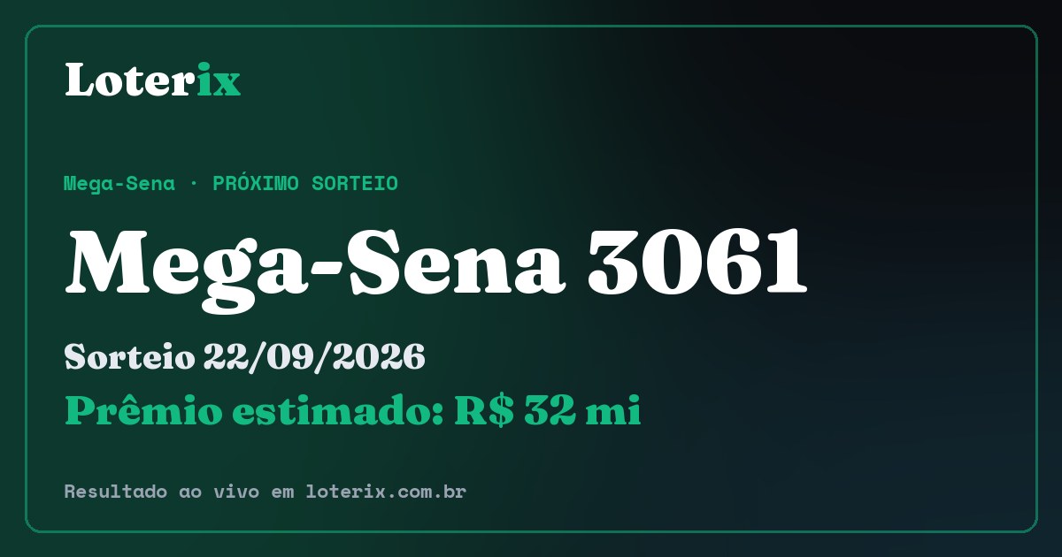 Resultado da Mega-Sena 3061: sorteio 22/09/2026, prêmio estimado R$ 32 mi. Confira as dezenas ao vivo no Loterix.