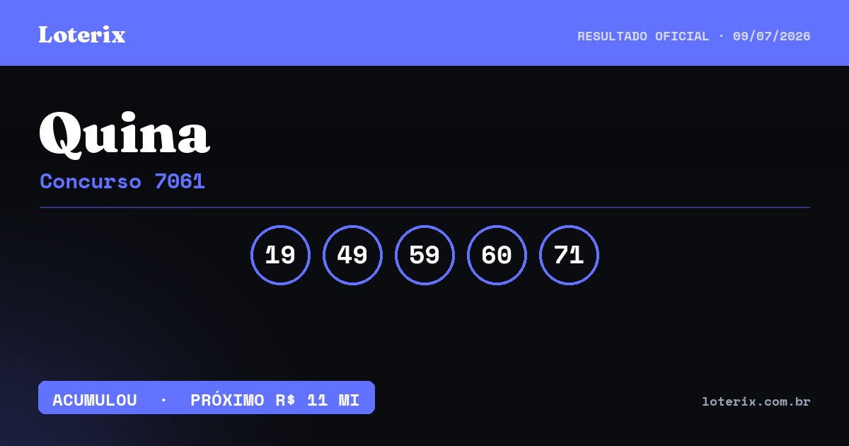 Dezenas sorteadas da Quina 7061: 19, 49, 59, 60, 71