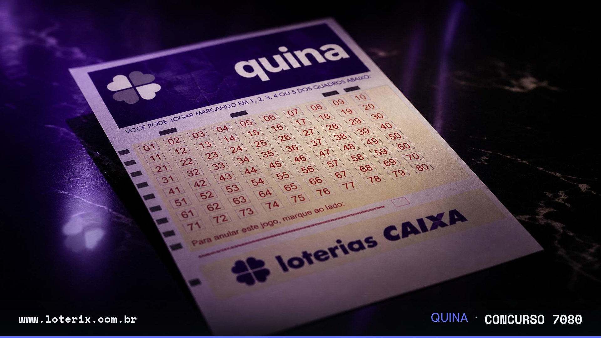 Resultado da Quina 7080: sorteio 31/07/2026, prêmio estimado R$ 1,2 mi. Confira as dezenas ao vivo no Loterix.