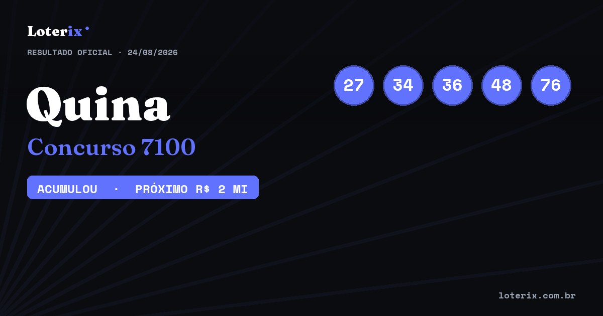 Dezenas sorteadas da Quina 7100: 27, 34, 36, 48, 76