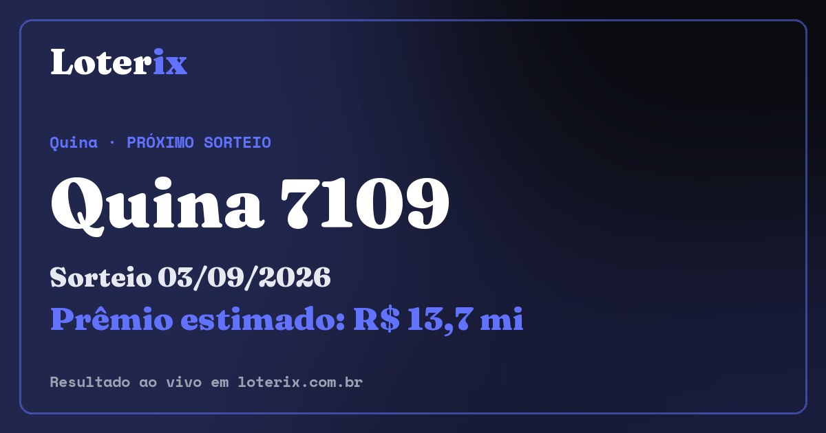 Resultado da Quina 7109: sorteio 03/09/2026, prêmio estimado R$ 13,7 mi. Confira as dezenas ao vivo no Loterix.