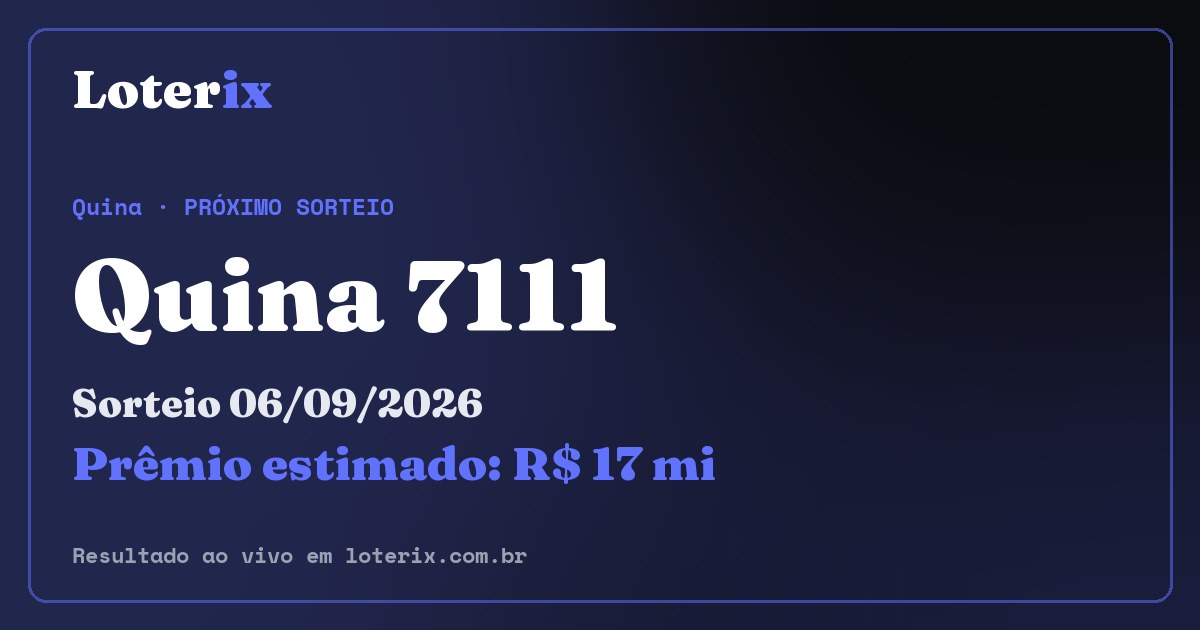 Resultado da Quina 7111: sorteio 06/09/2026, prêmio estimado R$ 17 mi. Confira as dezenas ao vivo no Loterix.
