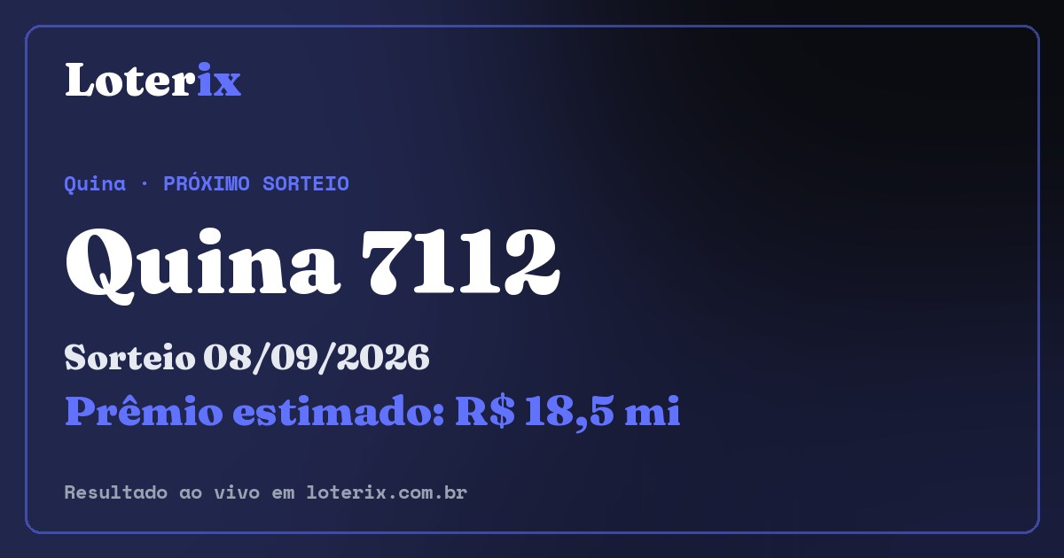 Resultado da Quina 7112: sorteio 08/09/2026, prêmio estimado R$ 18,5 mi. Confira as dezenas ao vivo no Loterix.